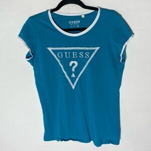 GUESS Y2K Teal White Embroidered Logo Ringer Tee T Shirt W Cap Sleeves XL